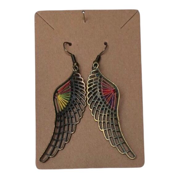 Bohemian Feather Wing Colored Beads And Green Patina On Brass Earrings - Picture 2 of 12